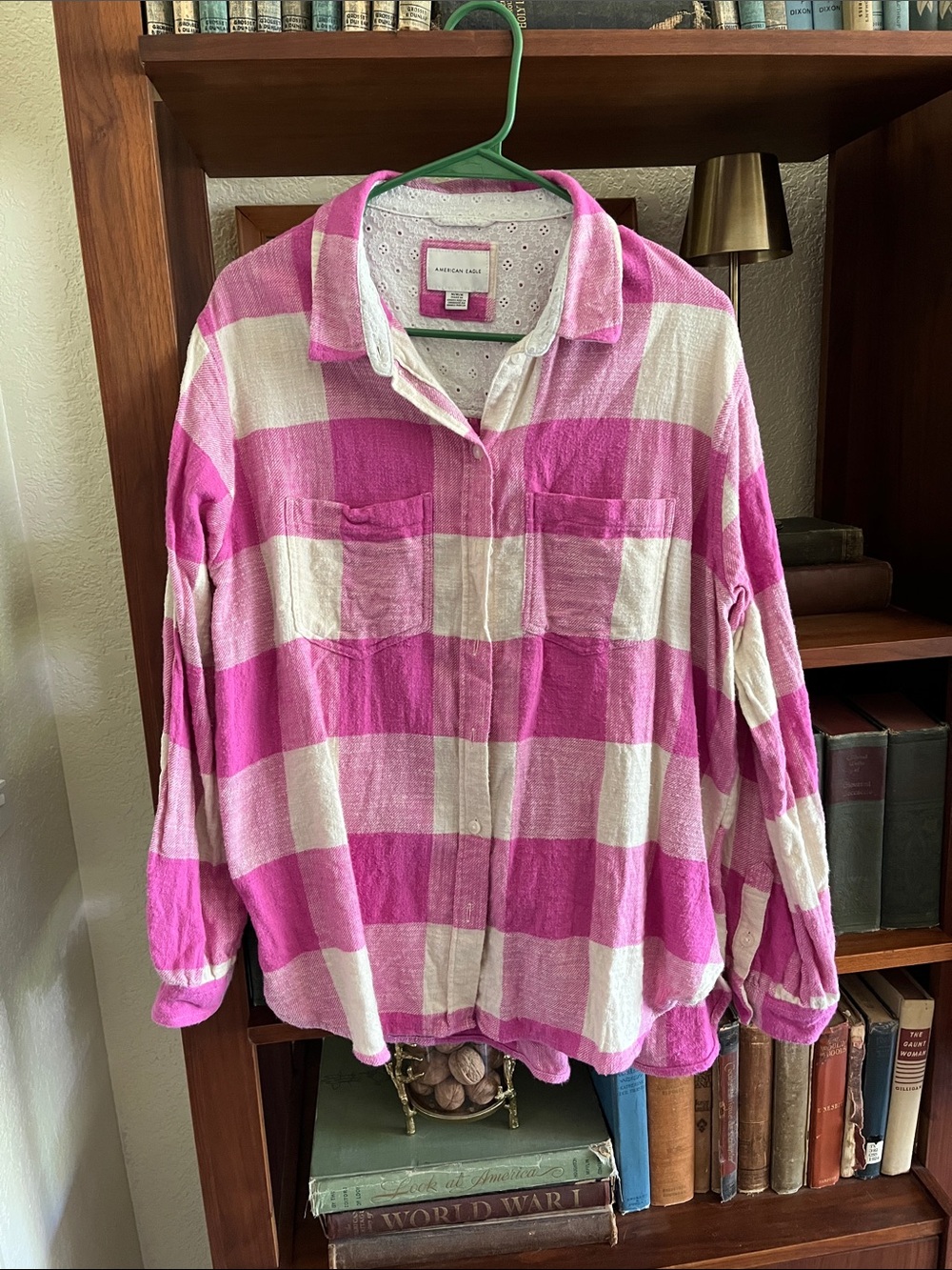 American Eagle Outfitters Pink and White Plaid Button-Down Shirt